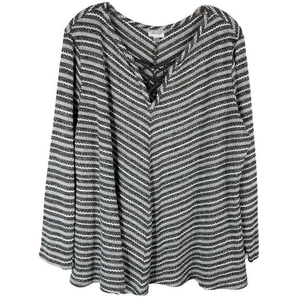 Avenue Plus Size 22 24 Sweater Top Gray Gold White Striped Lace Up V Neck 1272 - Picture 1 of 6